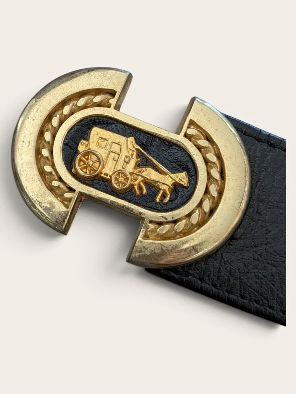 Vintage French Black Leather Equestrian Belt Horse Carriage Gold Buckle